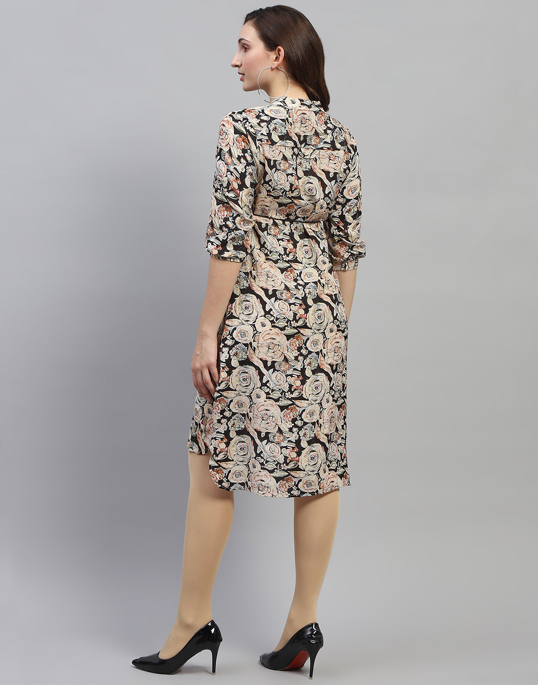 Women Black Floral Print V Neck 3/4 Sleeve Dress