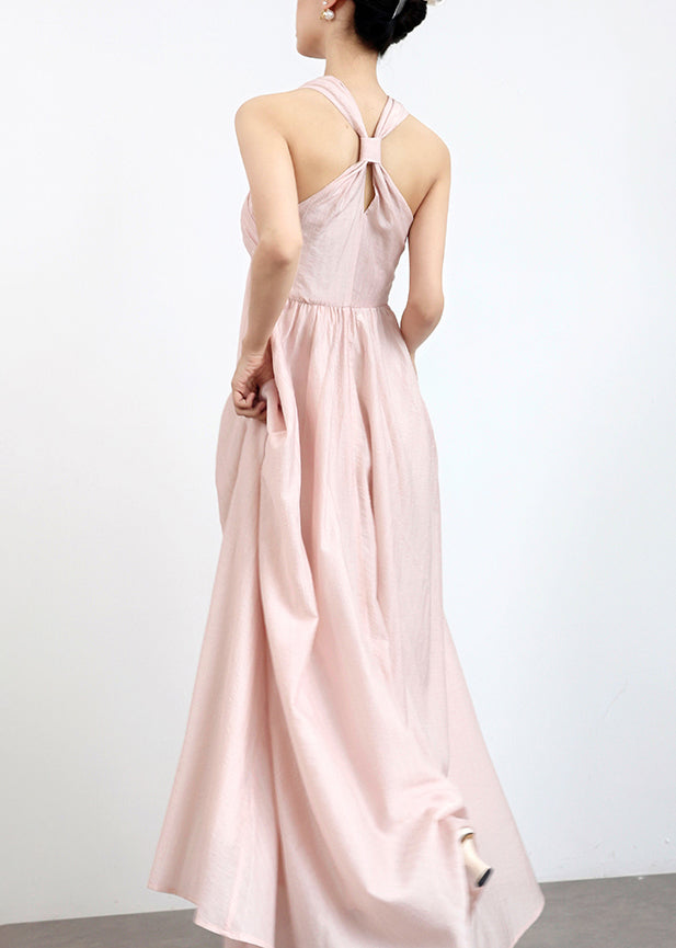 Elegant Pink Cold Shoulder Pearl Solid Cotton Maxi Dresses Sleeveless