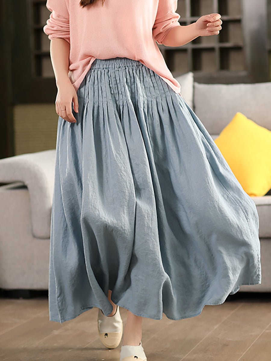 Women Summer Pure Color Shirred 100%Linen Skirt