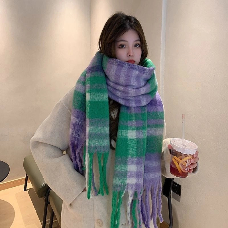 Autumn And Winter Thickened Scarf Women's  Rainbow Plaid Tassel Mohair Shawl Student Versatile Warm Scarf Fashion