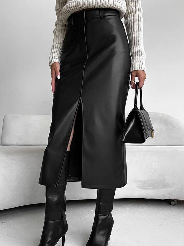 Skinny Wrap Pockets Solid Color Split-Front Zipper Skirts Bottoms