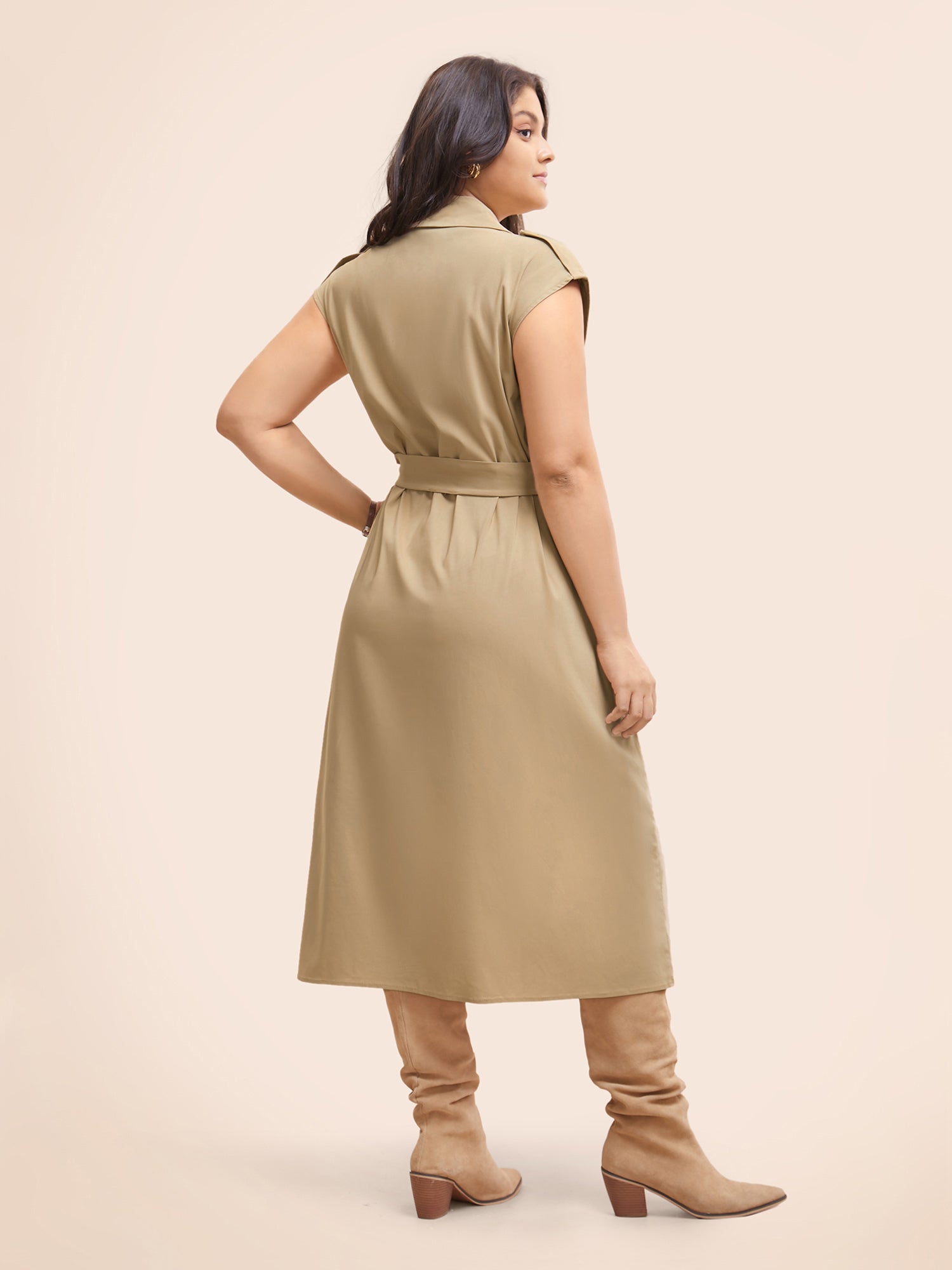 Suit Collar Plain Belted Midi Dress