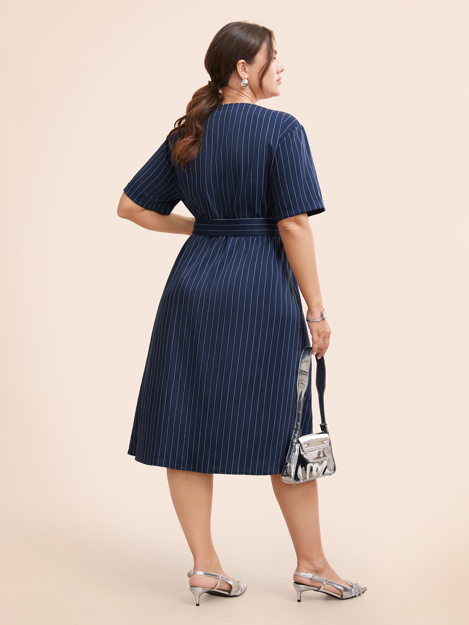 Striped Notched Button Detail Belted Dress