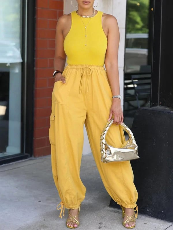 Loose Drawstring Elasticity Pockets Solid Color Casual Pants Bottoms Cropped Trousers Trousers