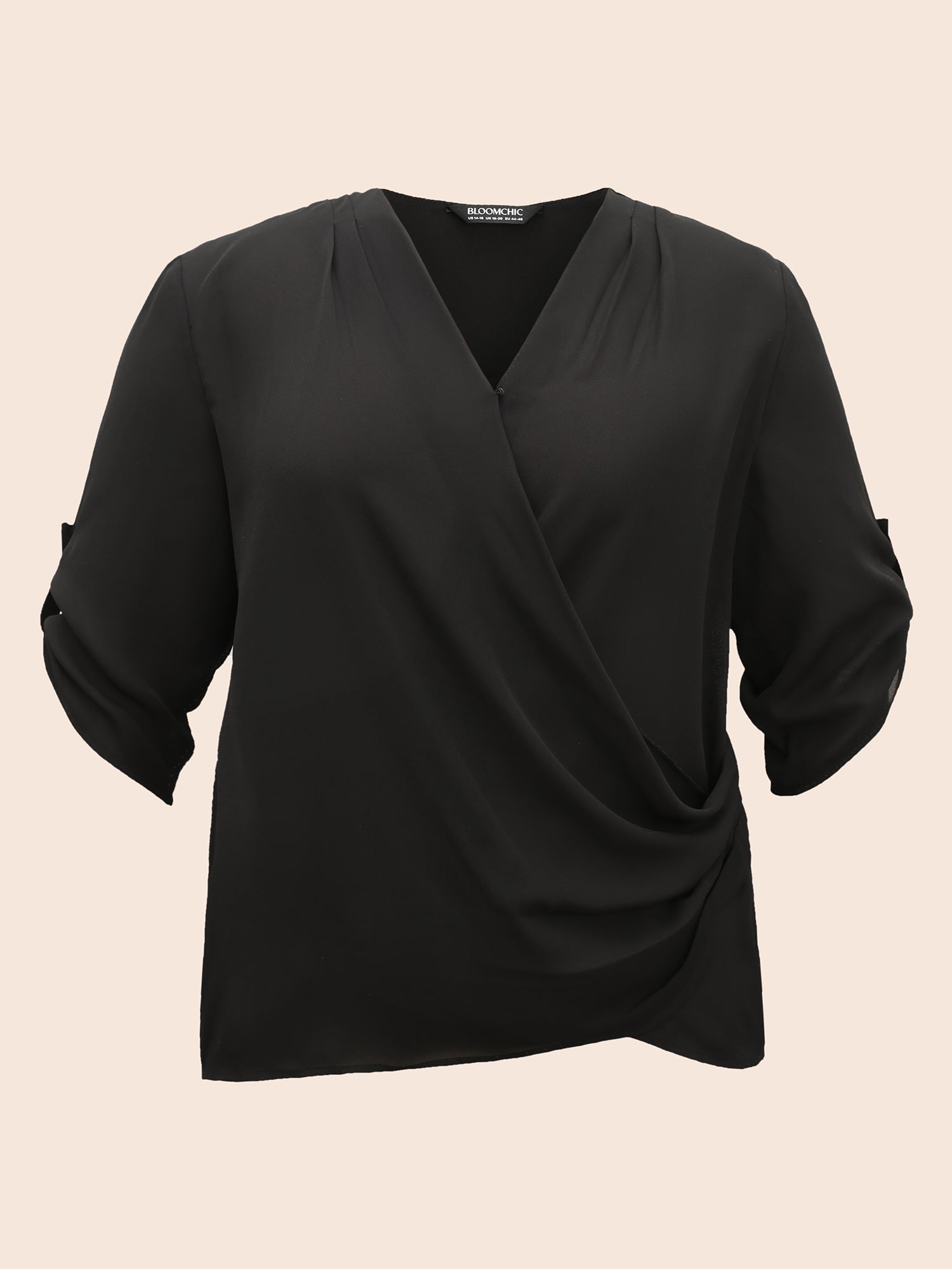 Overlap Collar Gathered Tab Sleeve Blouse