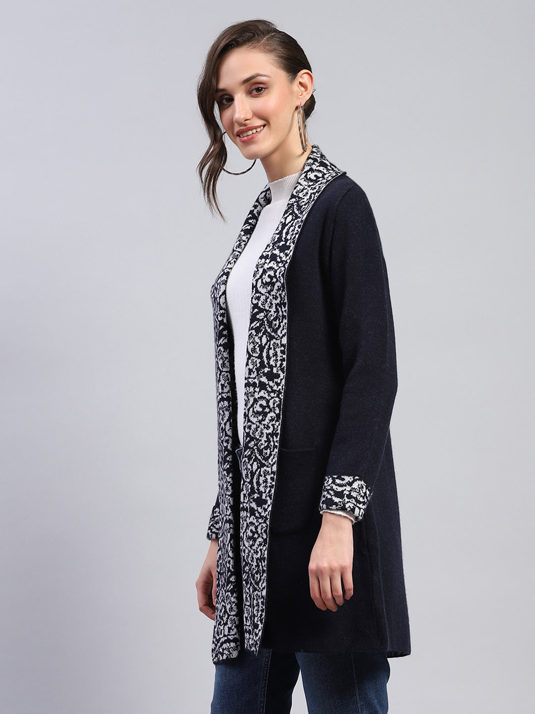 Women Navy Blue Printed Notch Lapel Collar Full Sleeve Cardigan