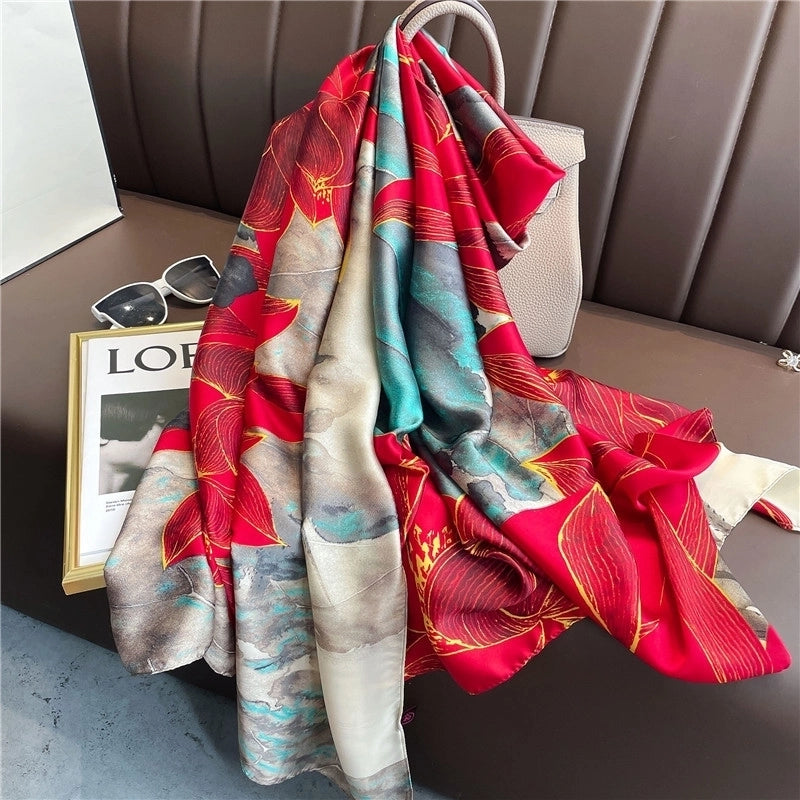 Fashion Red Lotus Simulation Silk Scarf