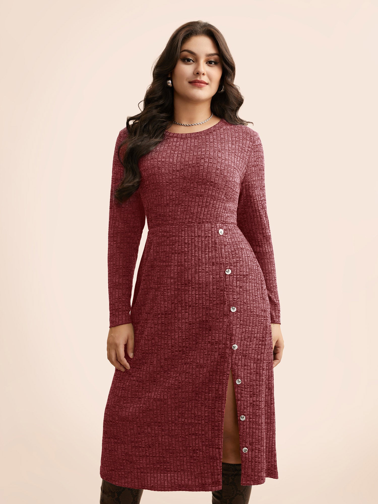 Crew Neck Button Detail Split Hem Dress