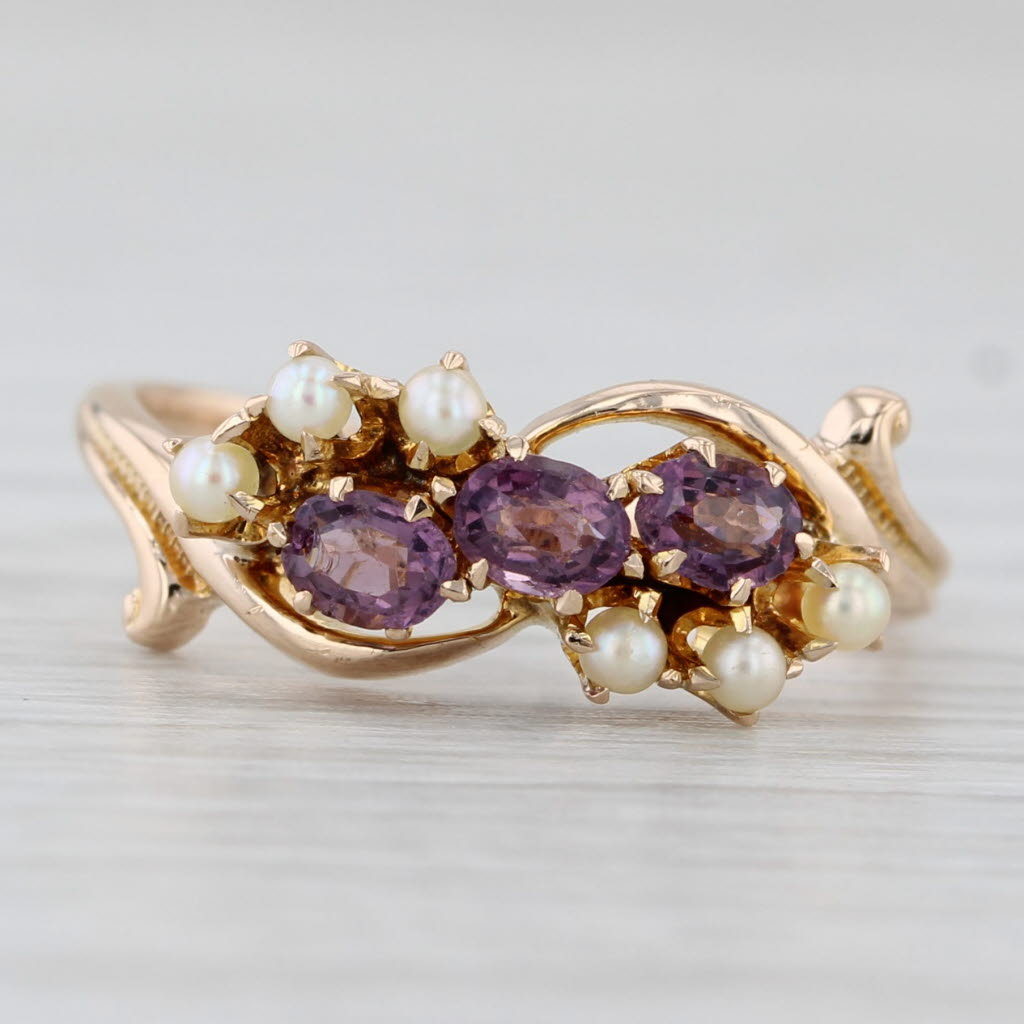 Victorian Garnet Glass Doublet Pearl Ring 10k Yellow Gold Size 4.75 Antique