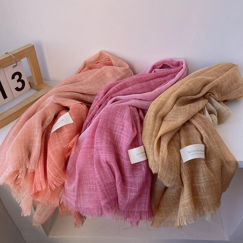 Elegant Contrast Color Artistic Scarf Women's Mori Cotton Linen Spring And Summer Thin Long Gradient Silk Scarf Neck Protecting Shawl Women