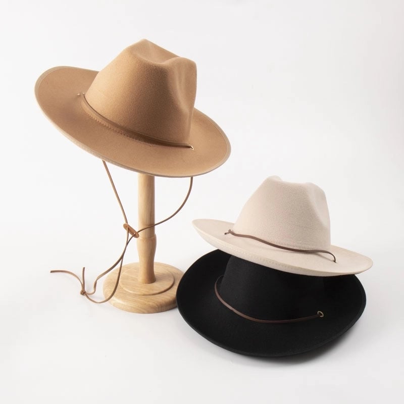Shaping Curved Brim Along Rectangular Top Western Denim Jazz Top Hat Windproof Leather Rope Retro Tibetan Felt Hat