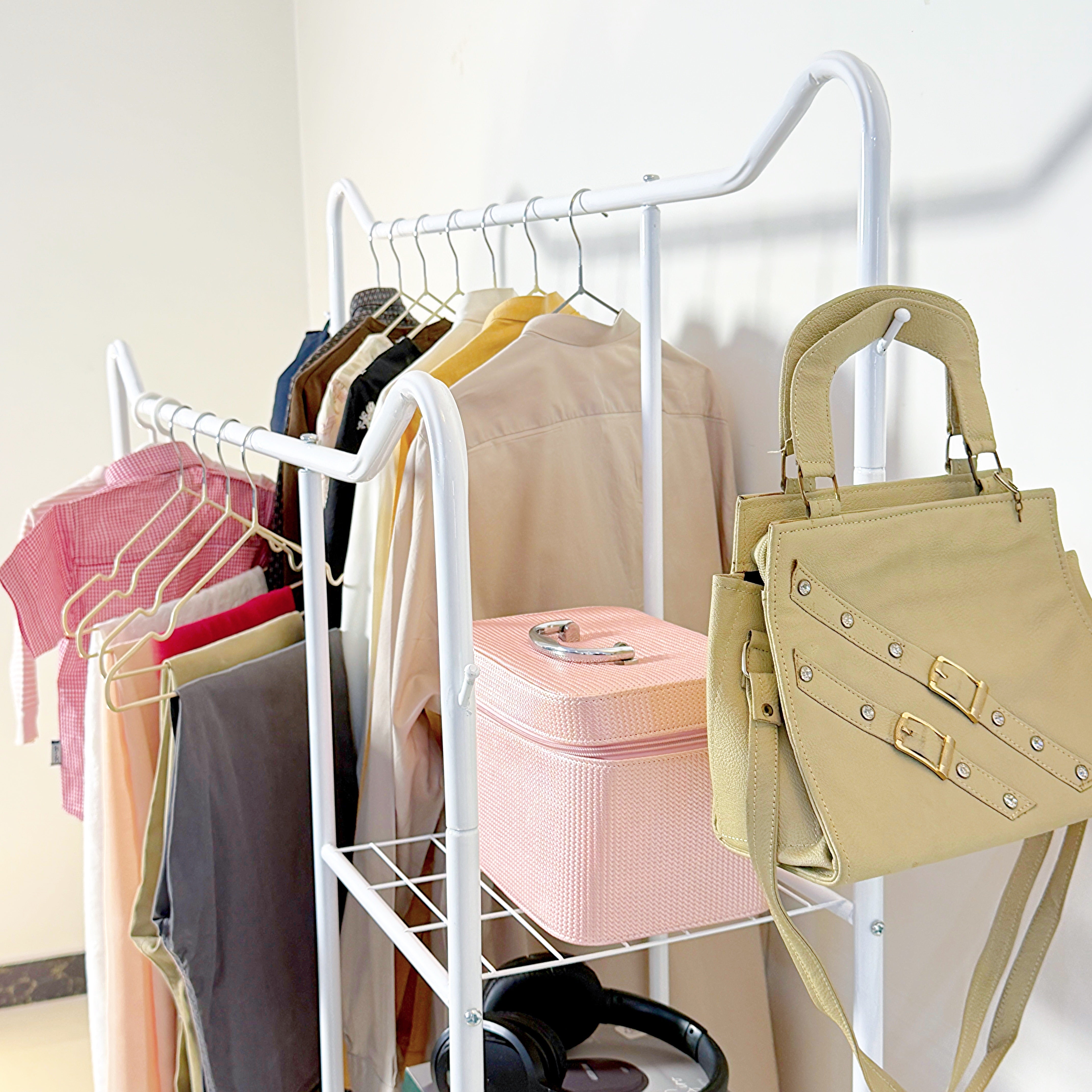 Space-Saving Metal Clothes Stand by Matrix (D) – With Side Storage Shelves & Hooks
