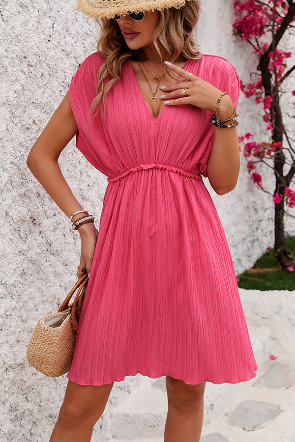 V Neck Solid Color Mini Dress