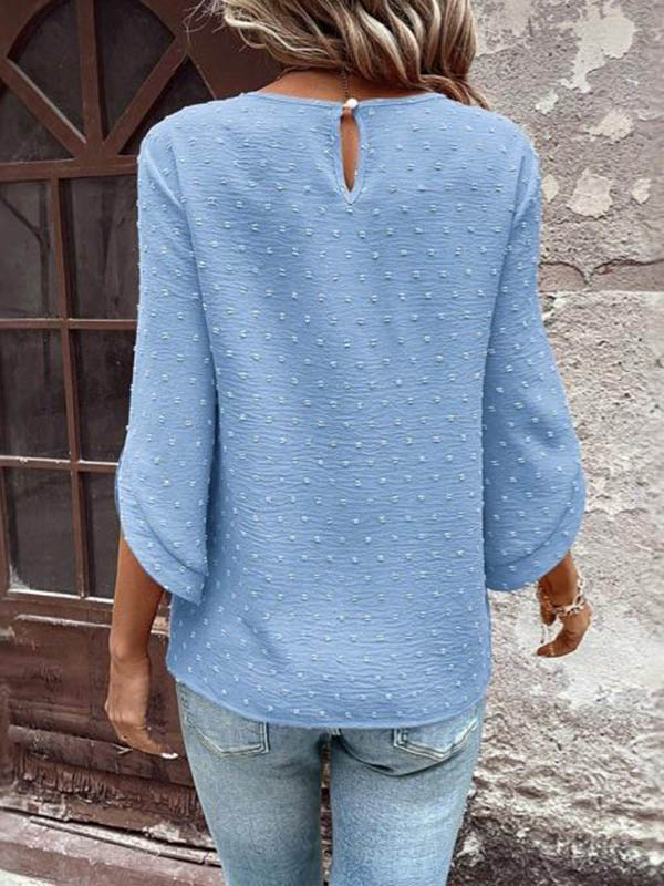 Loose Three-Quarter Sleeves Hollow Jacquard Split-Joint Round-Neck T-Shirts