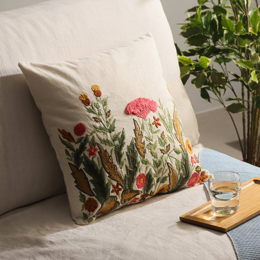 Meadow Embroidered Cotton Cushion Cover - Multicolor