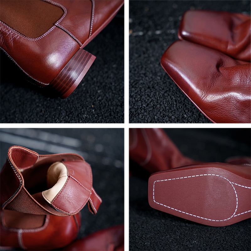 Horse Leather Chelsea Boots Retro Square-Toe Ankle Boots Slimming Boots in Black/Red