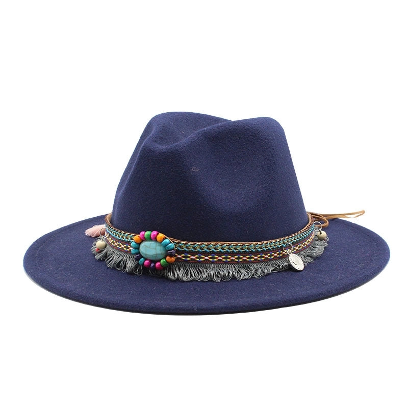 Designed Hot Sale Woolen Hat Women's Ethnic Style Retro Flat Brim Big Brim Jazz Hat