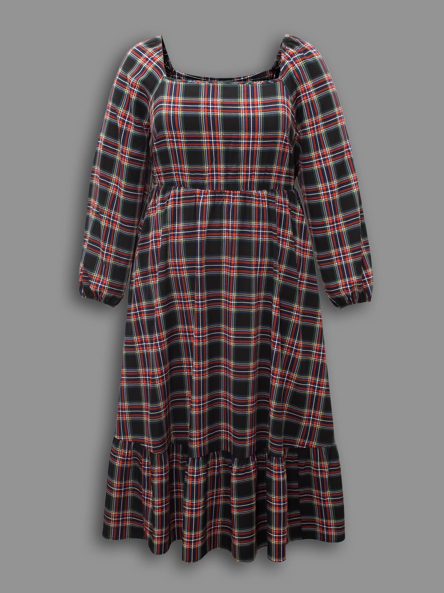Plaid Square Neckline Puffy Sleeve Midi Dress