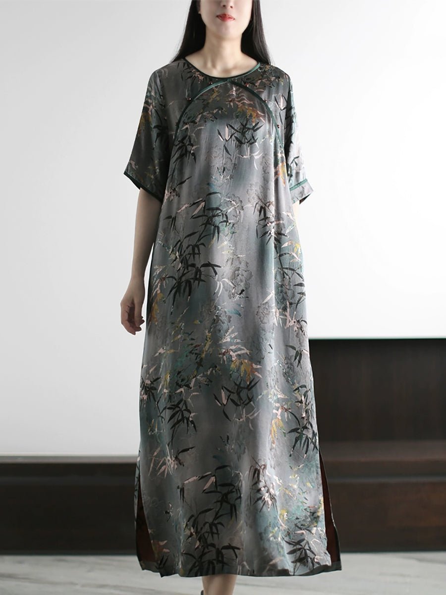 Women Summer Artsy Bamboo O-Neck Silk Loose Dress