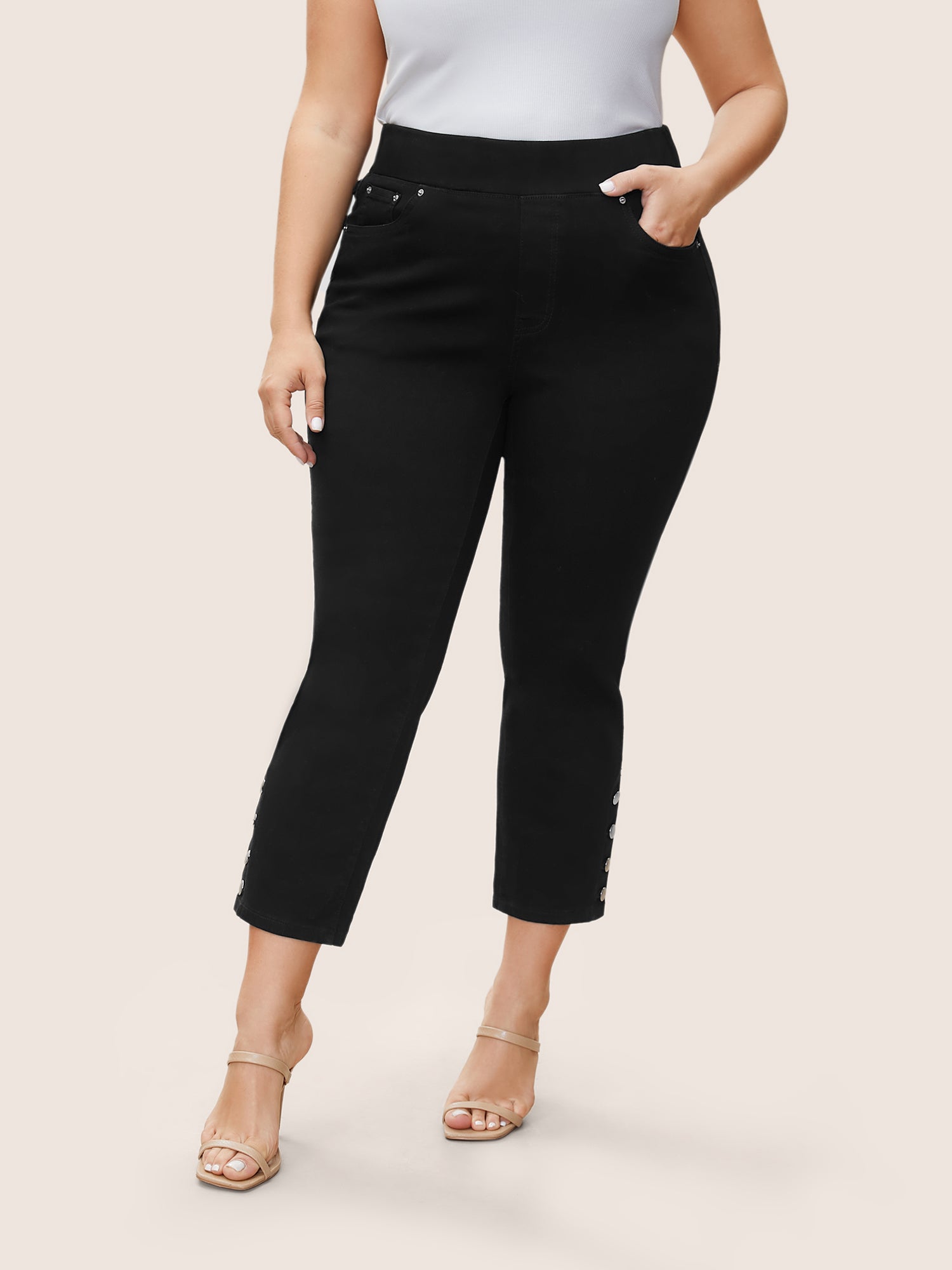 Black Wash Button Detail Elastic Wais Slim Jeans