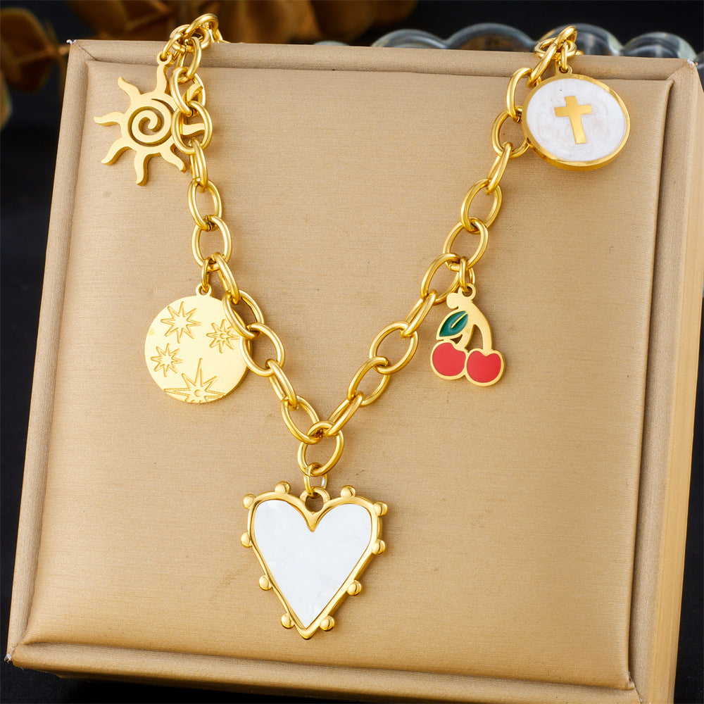 Fashion Retro Multi-Element Love Bowknot Shell Cherry Cross Eye Chain Necklace