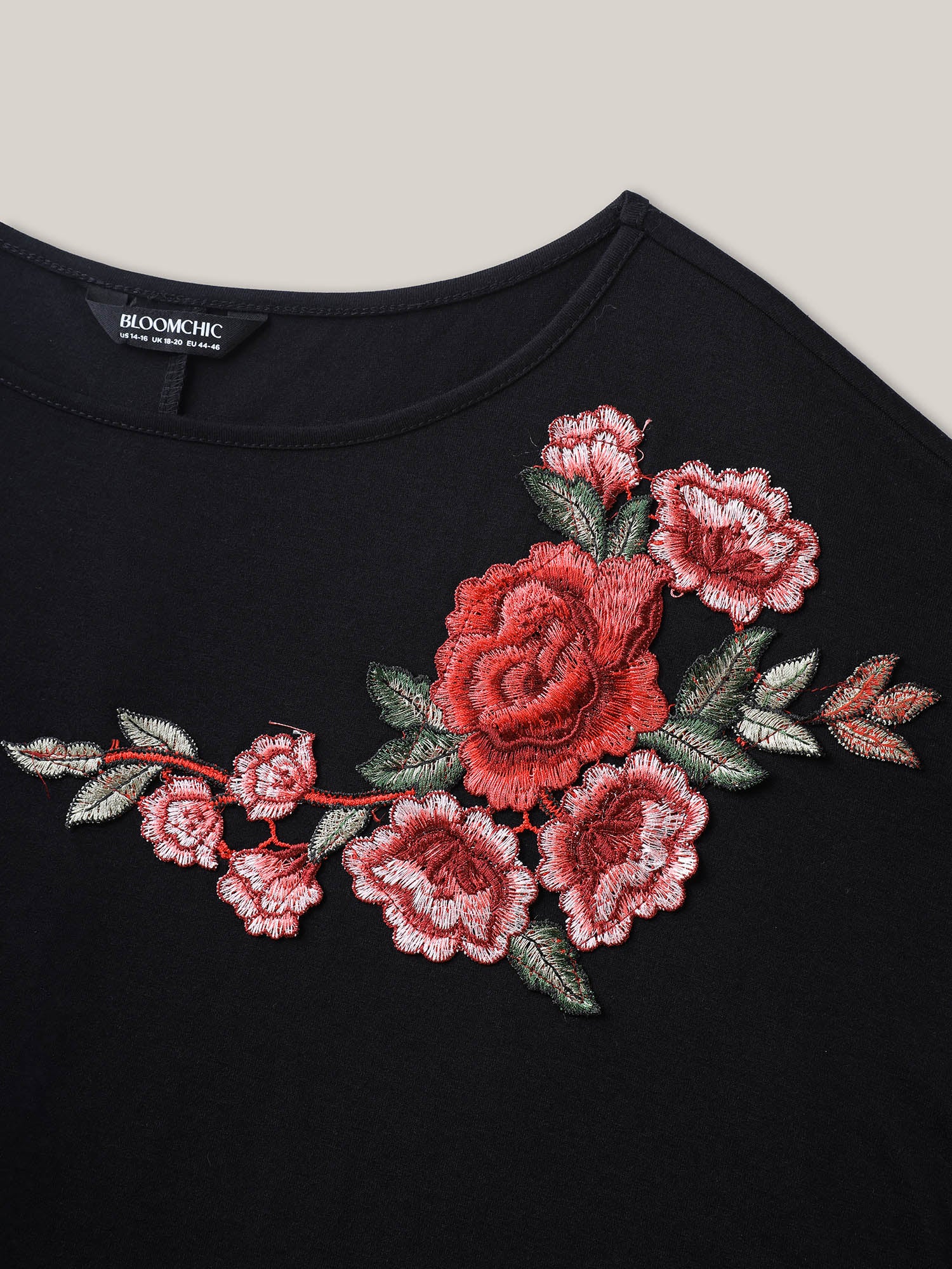 Floral Detail Stretchy Knit Plain Top