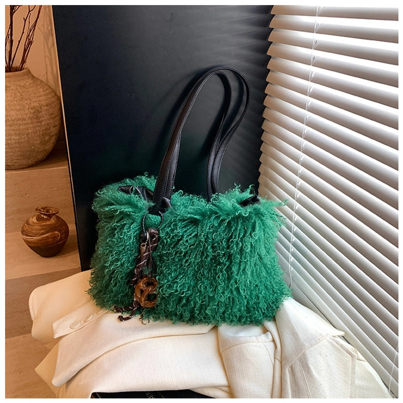 Women's Large Pu Leather Plush Solid Color Elegant Streetwear Square Magnetic Buckle Tote Bag