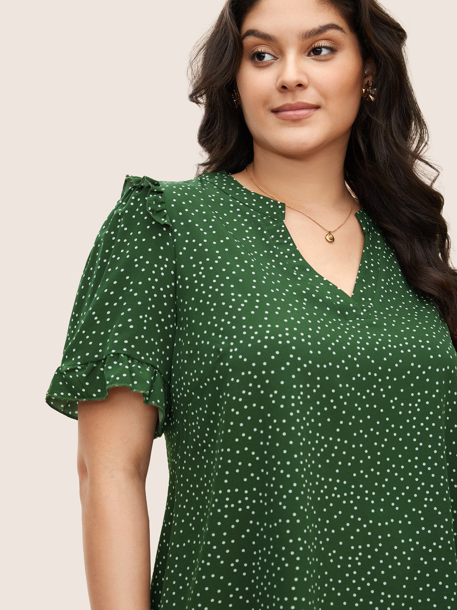 Polka Dot V Neck Ruffle Trim Blouse