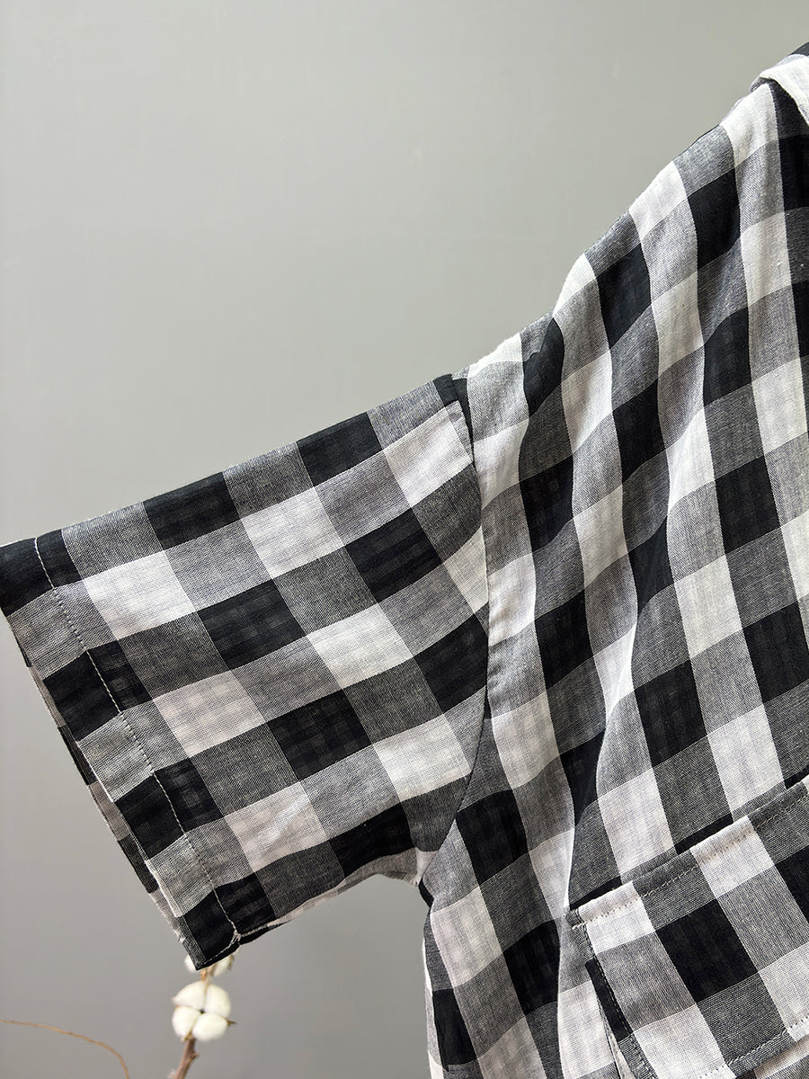 Women Summer Casual 100%Cotton Plaid Turn-down Collar Shirt