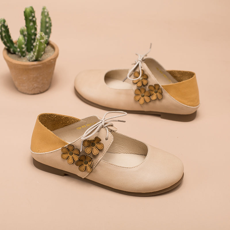 Soft Leather Mary Jane Flats Handmade Flowers Details Pink/Apricot