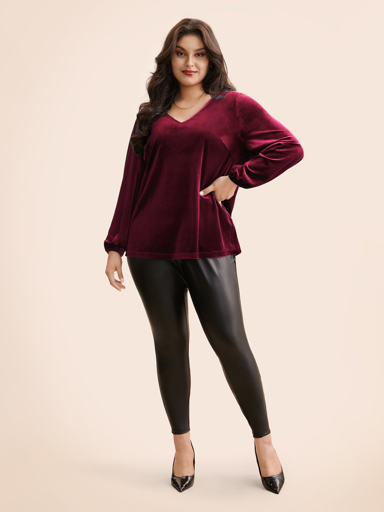 V Neck Velvet Lantern Sleeve Blouse