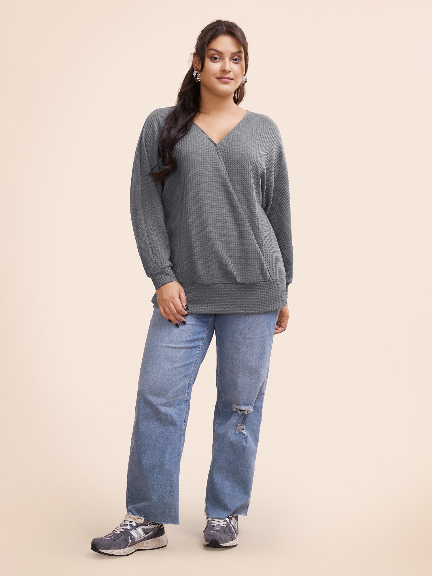 Solid Waffle Knit Wrap Long Sleeve T-shirt