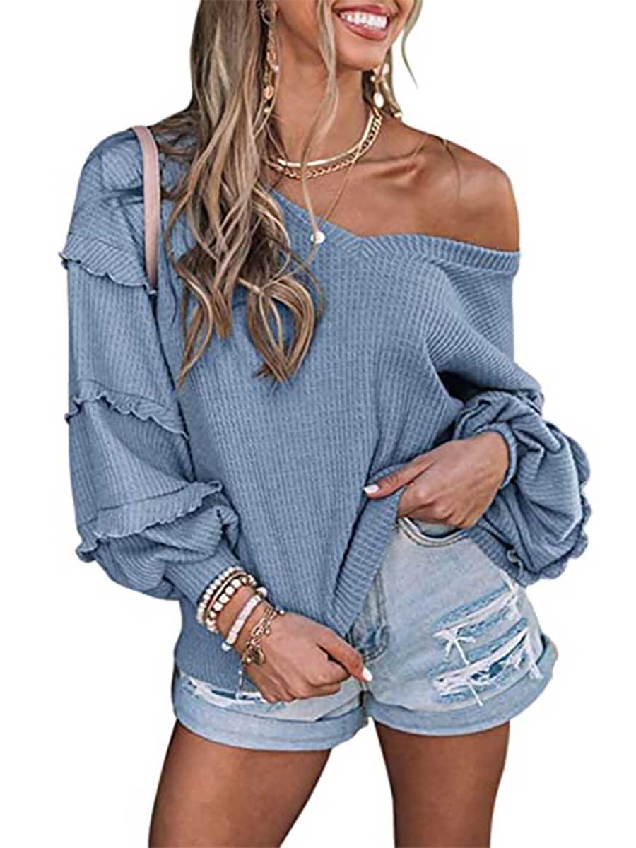 Waffle V-Neck Ruffle Lantern Sleeve Top