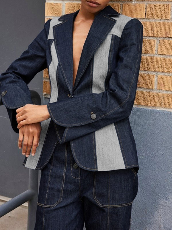 Long Sleeves Loose Contrast Color Split-Joint Deep V-Neck Jackets Outerwear