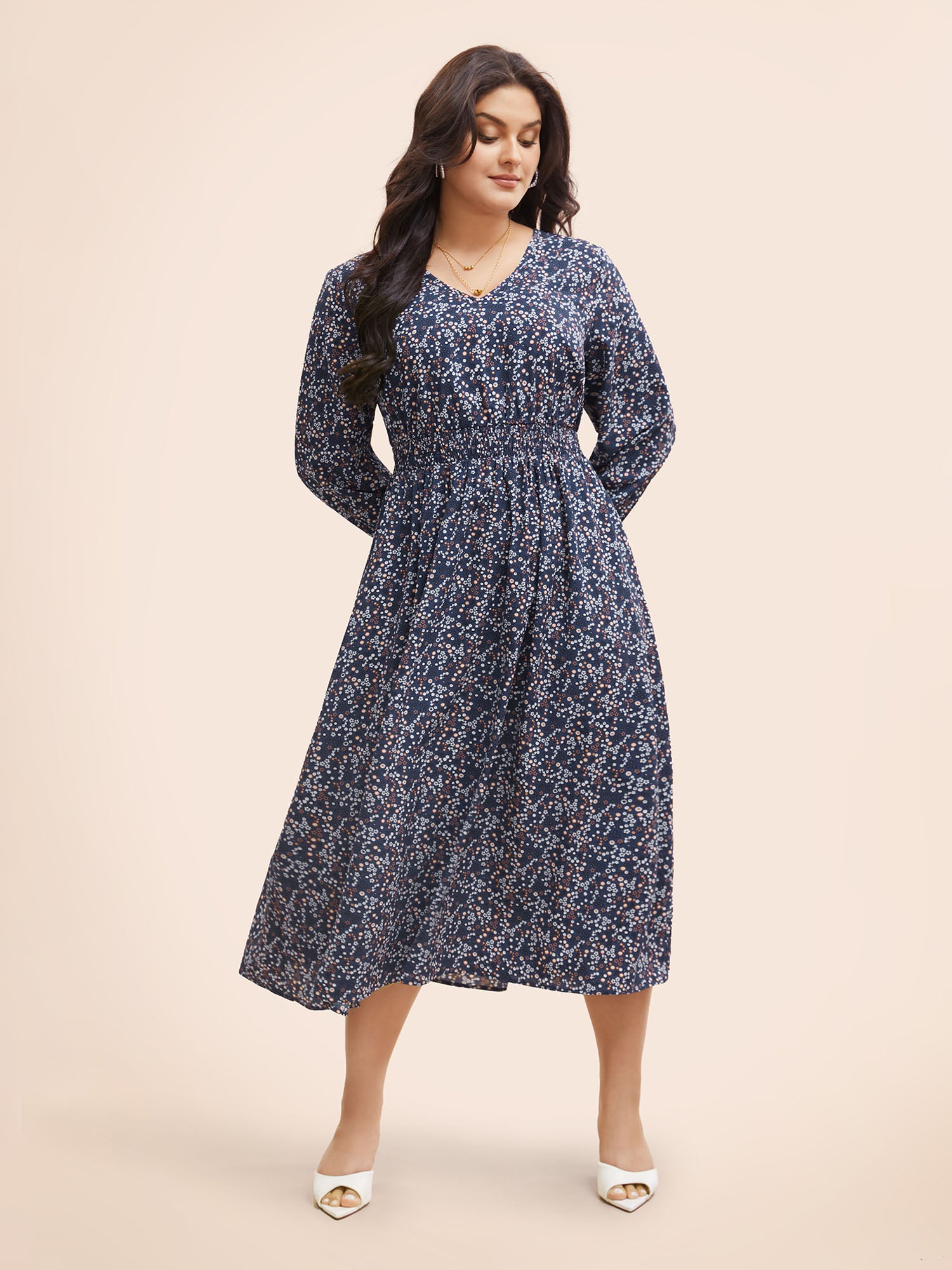 Ditsy Floral V Neck Shirred Dress