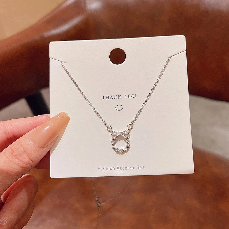 Minimalist Heart Shape Bow Knot Titanium Steel Inlay Zircon Pendant Necklace