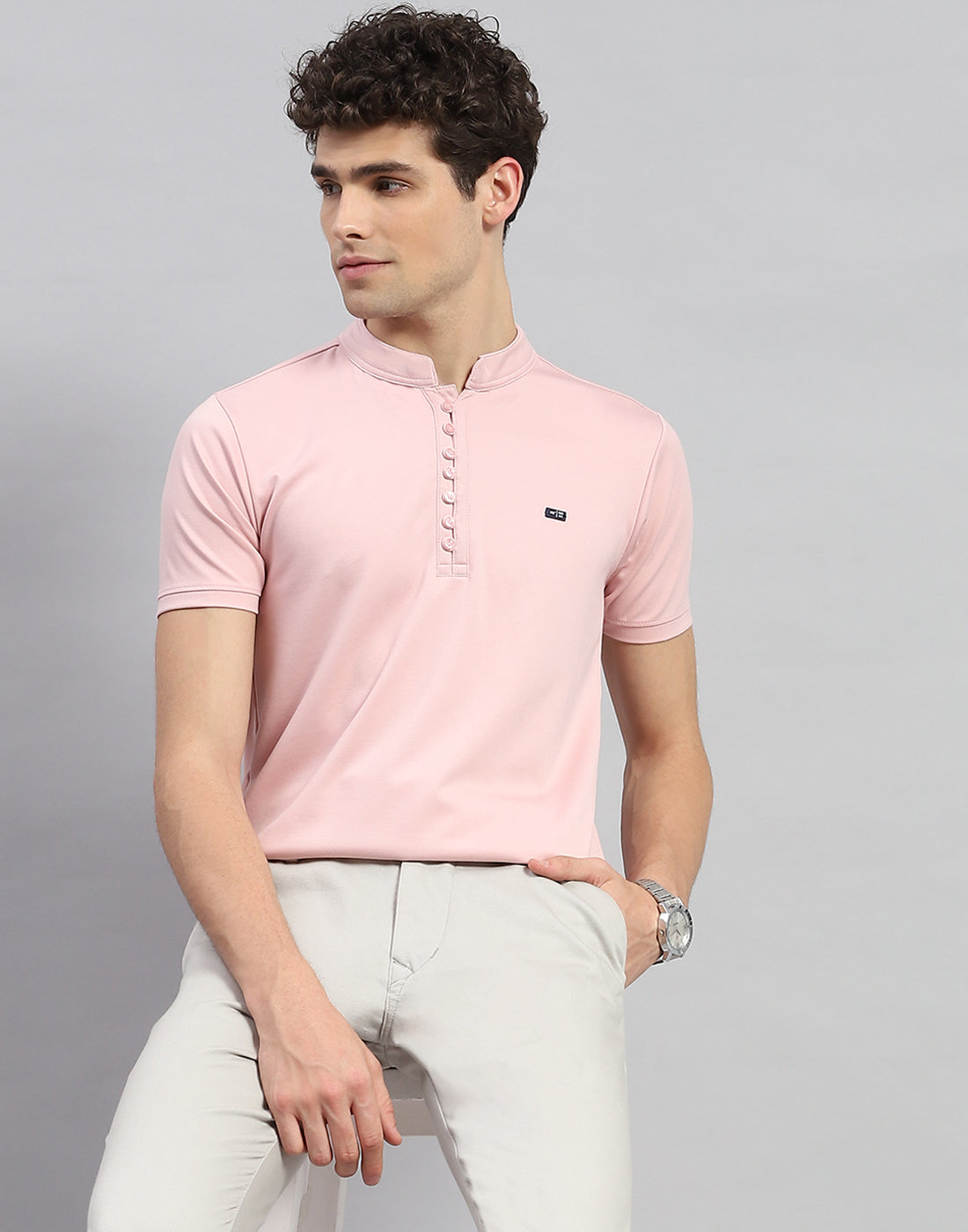 Men Pink Solid  Mandarin Neck Half Sleeve T-Shirt