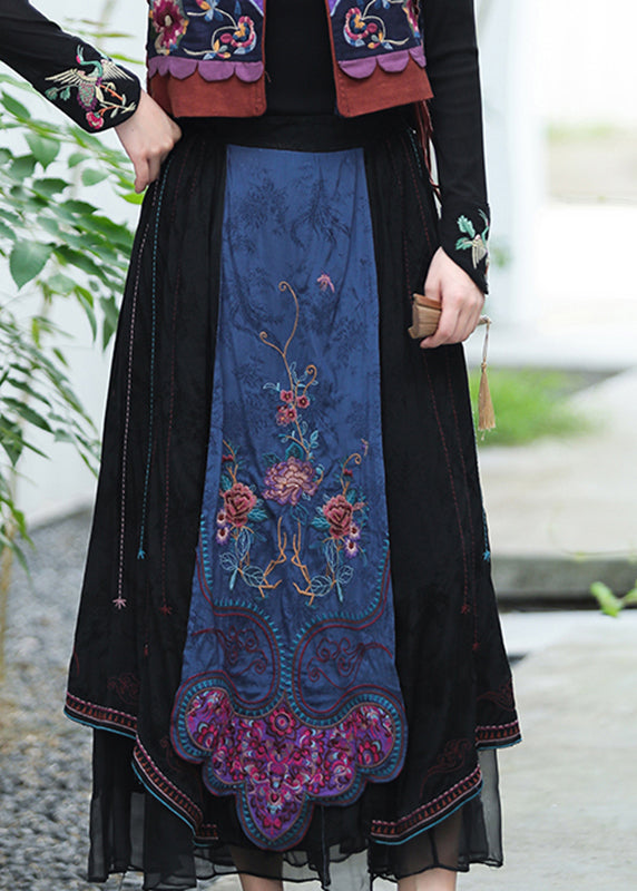 Vintage Black Embroidered Floral Tulle Patchwork Elastic Waist Linen maxi Skirts Fall