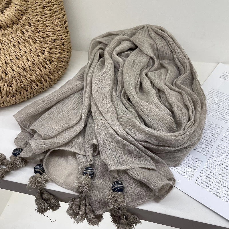 New High-end Ethnic Linen Wooden Beads Hanging Shawl Sunscreen Artistic Cotton And Linen Scarf Women
