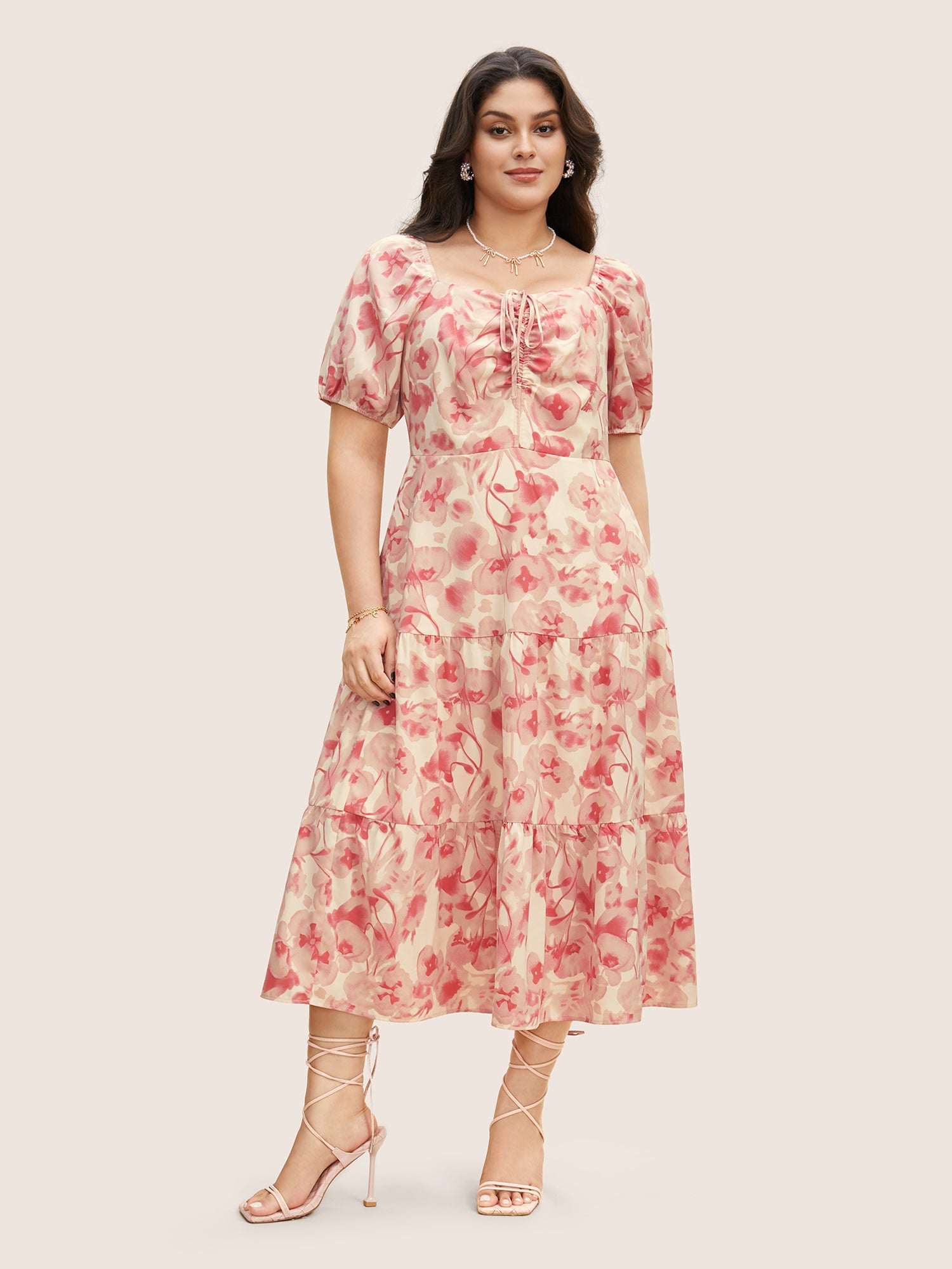 Floral Drawstring Tie Knot Puff Sleeve Midi Dress