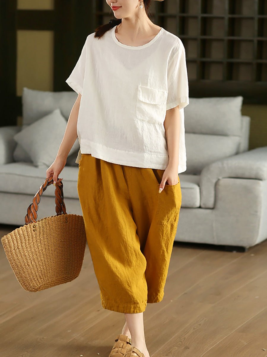 Women Summer Artsy Pure Color 100%Linen O-Neck Shirt