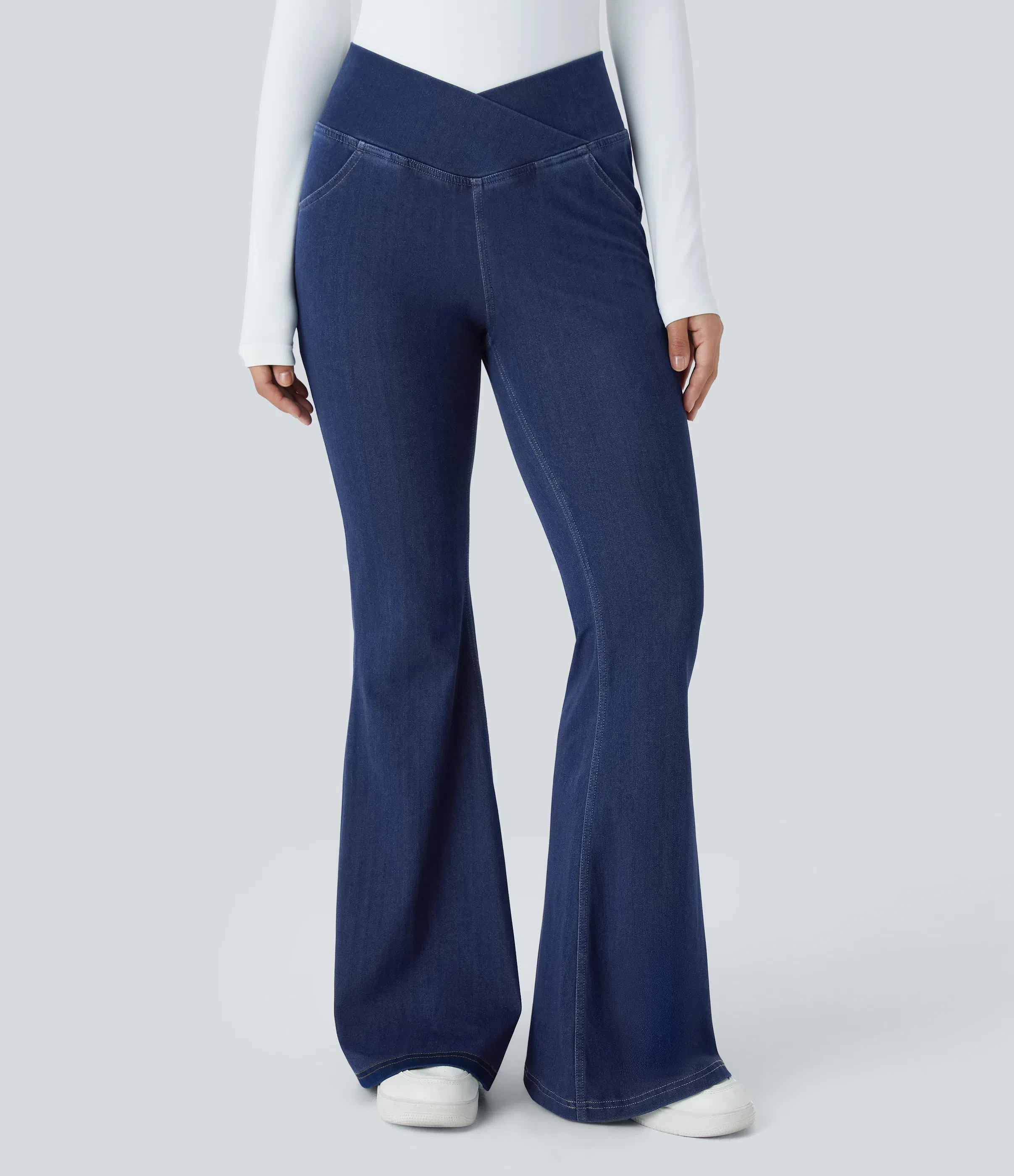 ⚡8 Packs for $25.95⚡- High Waisted Crossover Pocket Washed Stretchy Knit Casual Super Flare Jeans