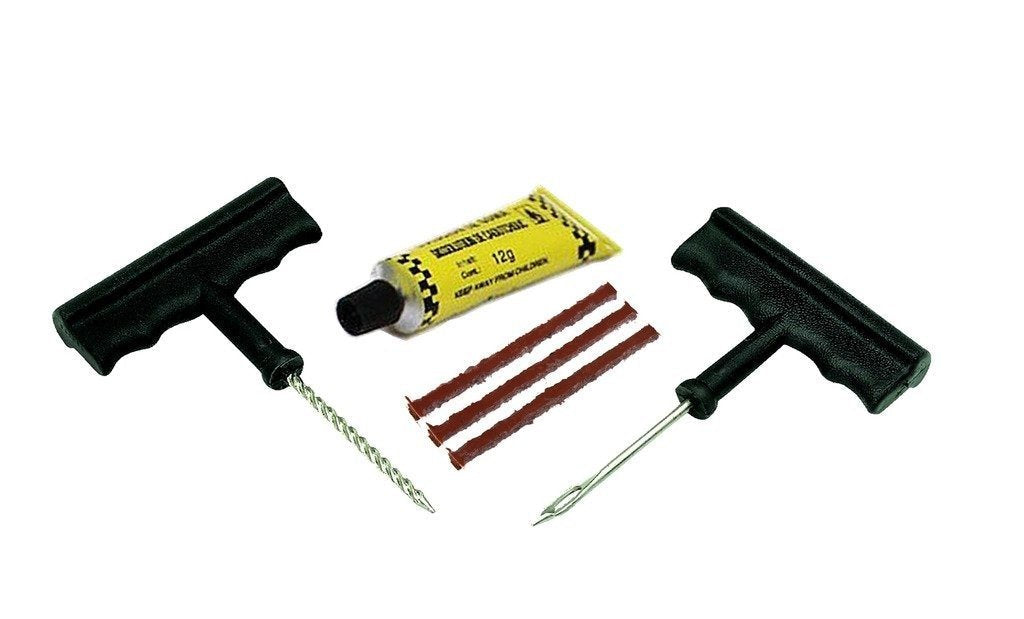 Puncture Repair Kit Tubeless Tyre Full Set with Nose Pliers. Rubber Cement and Extra Strips for Cars. Bikes