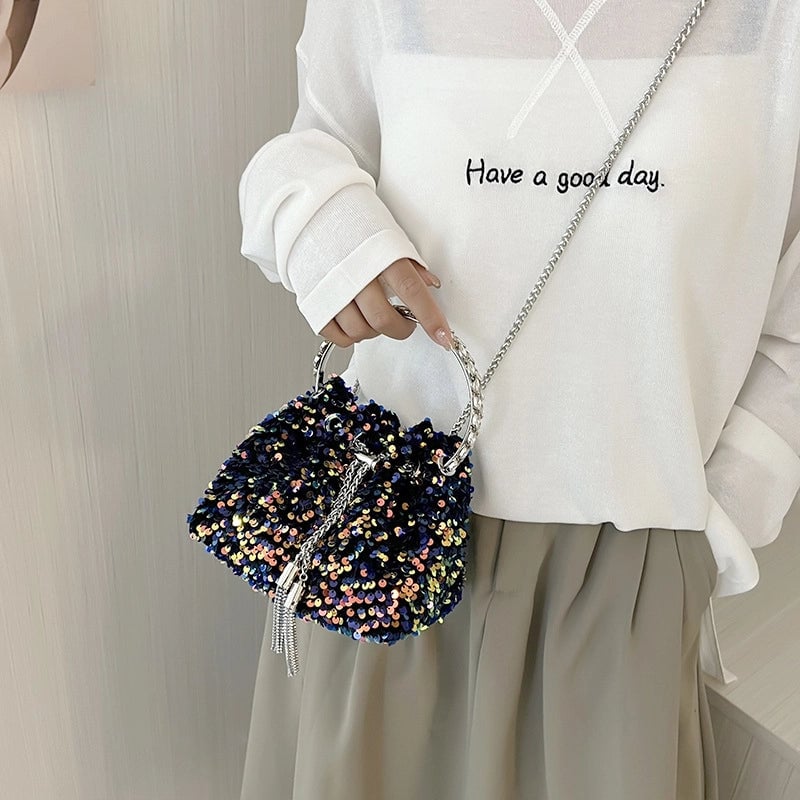 Women's Small Spring&summer Pu Leather Solid Color Fashion Sequins Bucket String Bucket Bag