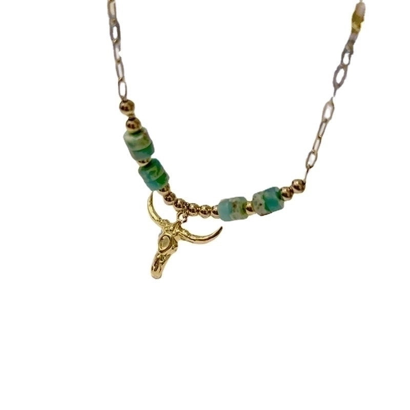 Fashion Bull Head Stainless Steel Plating Natural Stone Pendant Necklace