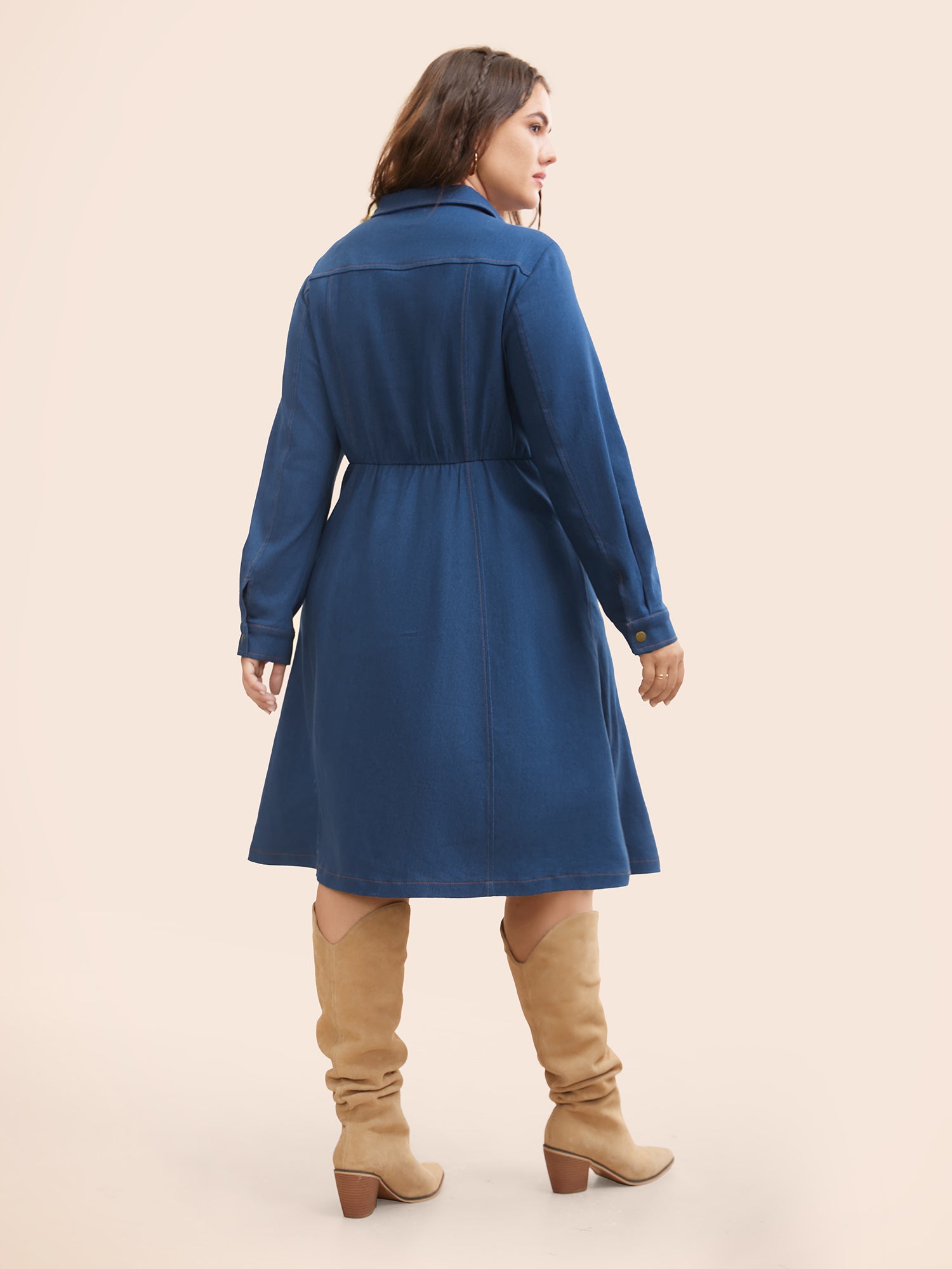 Stretch Denim Chest Flaps Waist Defining Midi Dress