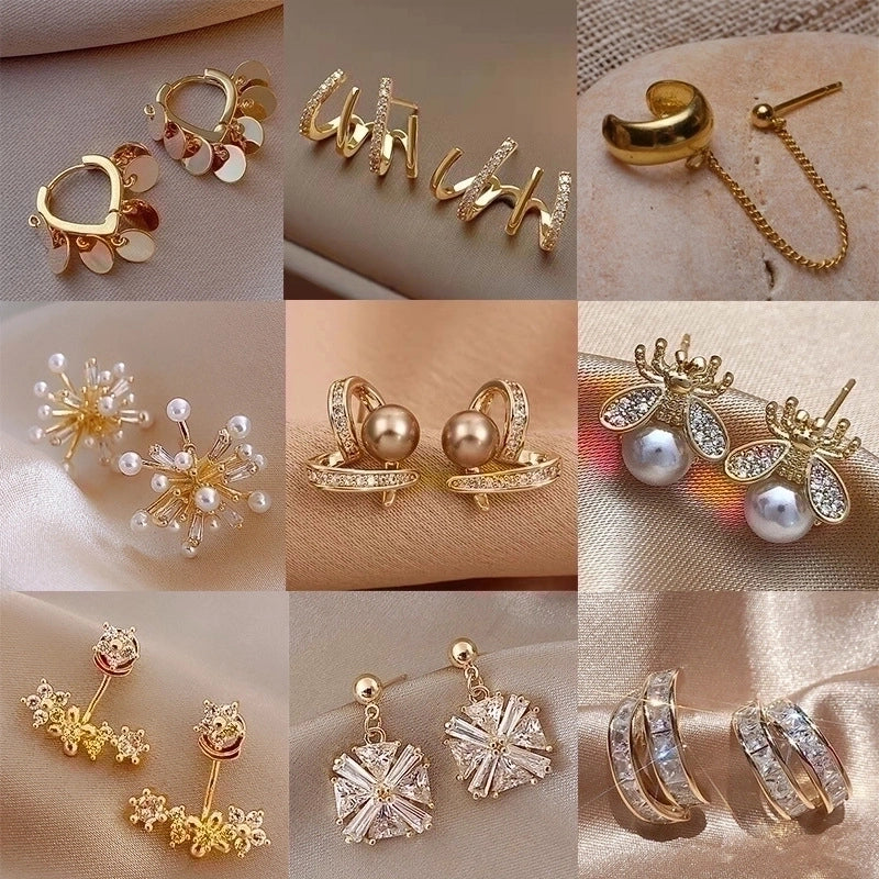 2 Pieces Retro Flower Copper Inlay Zircon Drop Earrings Ear Studs 1 Pair