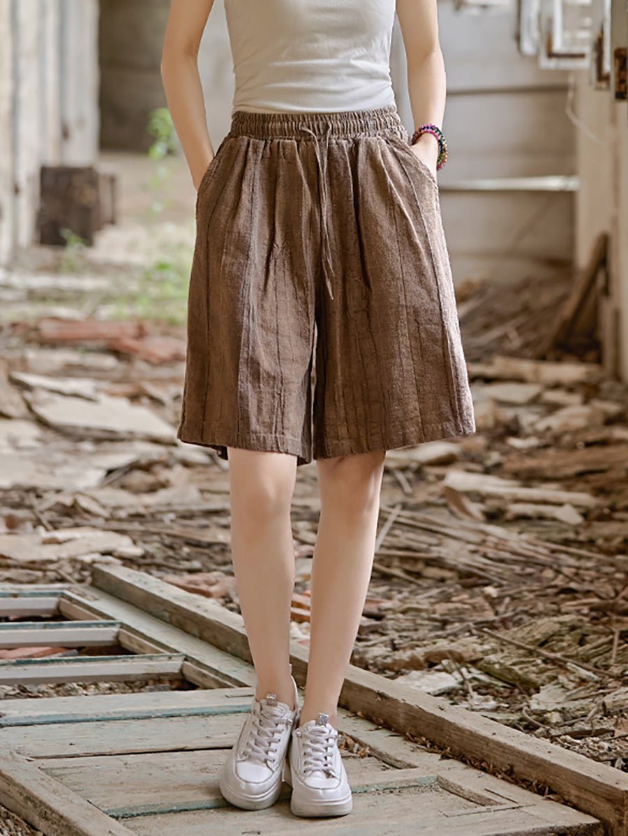Women Summer Retro Pure Color Ramie Fifth Pants