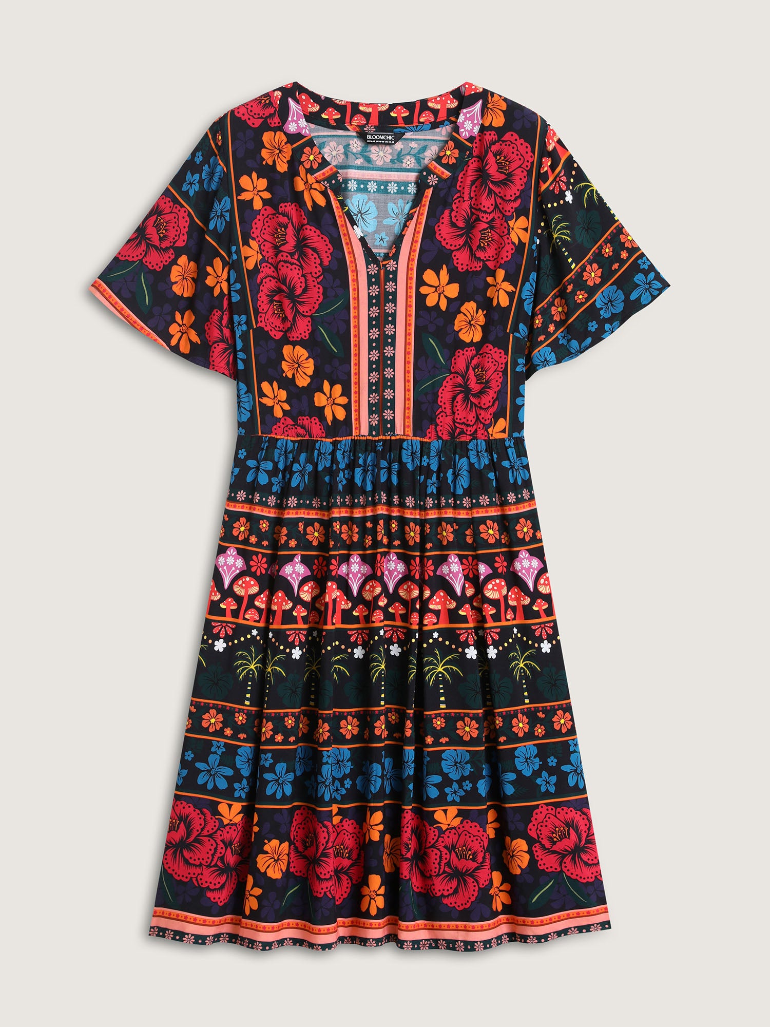 Boho Floral Print Notched Collar Midi Dress