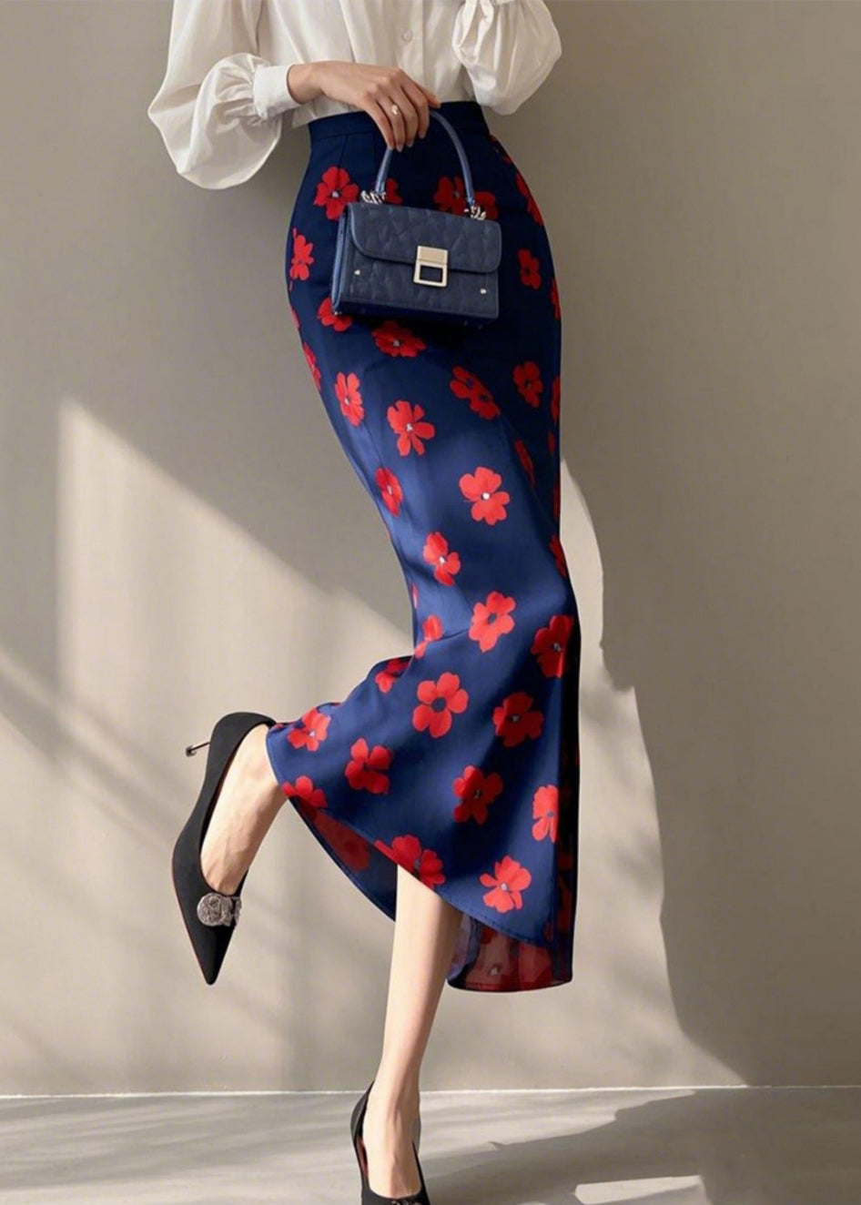 Fashion Blue Print High Waist Cotton Skirt Spring